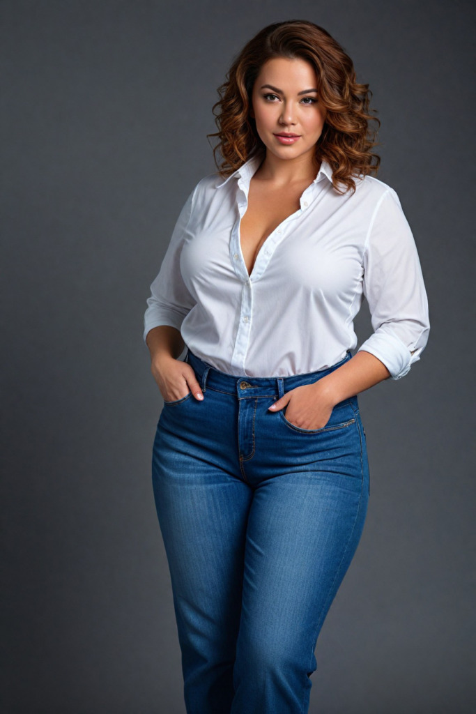 Sensual mom in blue jeans and a white shirt