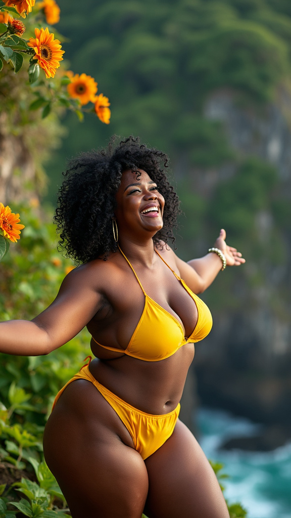 Photorealistic outdoor spring photography of a mature, voluptuous Jamaican woman with curly jet-black hair, emerald green eyes, wearing a bright yellow bikini on a blooming cliffside garden.