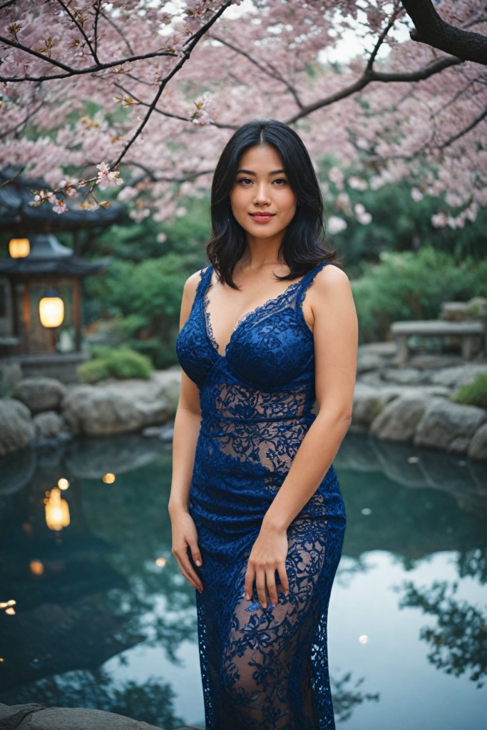 In a serene Japanese garden at twilight, a mature voluptuous Japanese woman with jet-black straight hair stands sensually in royal blue lace lingerie. Her sexy eyes shimmer under the soft lantern lights, and her cheeky smile radiates warmth. The cherry blossoms and koi pond create a tranquil and romantic atmosphere. Photorealistic and cinematic, capturing her friendly charm amidst natural beauty.