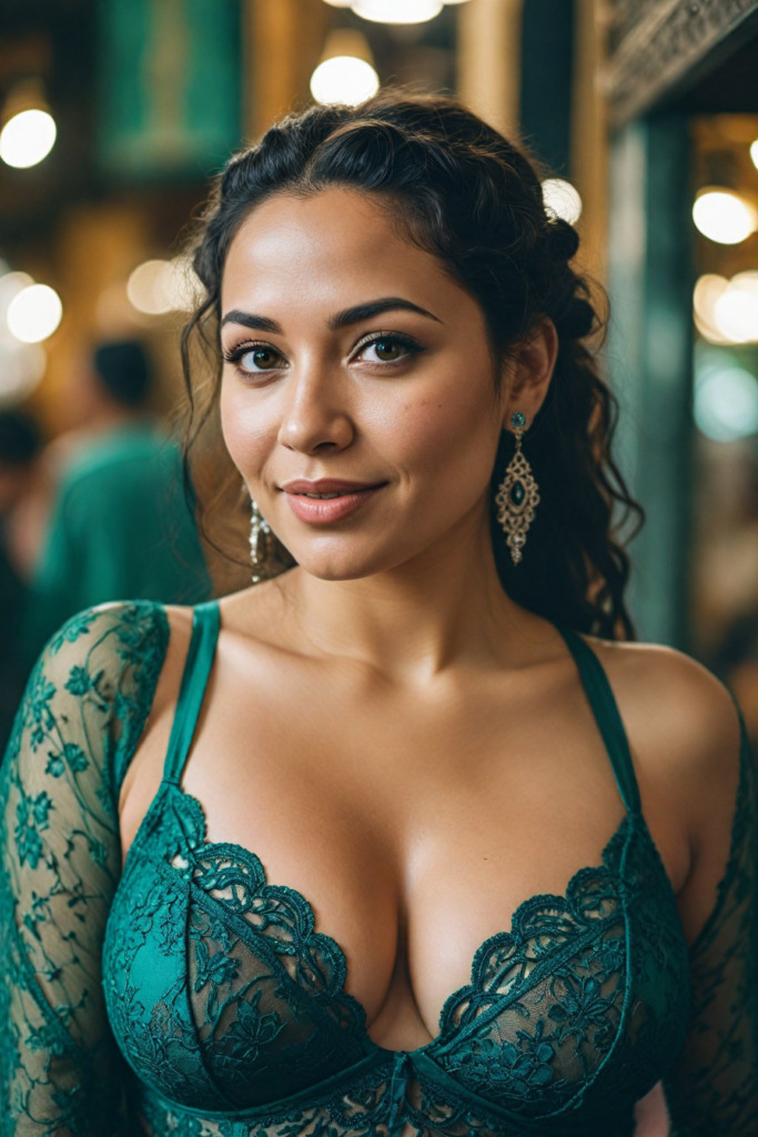 In the heart of a bustling Moroccan market, a mature voluptuous Moroccan woman with raven braids poses sensually in emerald green lace lingerie. Her sexy eyes are captivating, and her cheeky smile exudes confidence. The vibrant colors and textures of the market stalls create a dynamic and exotic backdrop. Photorealistic and cinematic, blending sensuality with cultural richness.