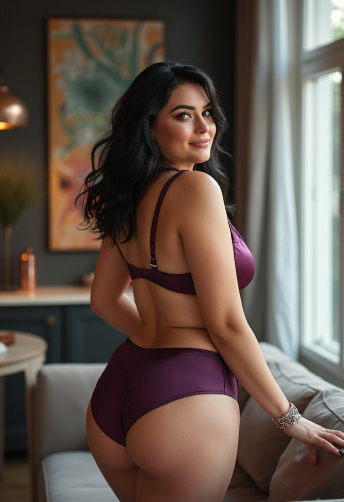 Mature voluptuous Belgian woman with midnight black wavy hair and amber eyes, wearing purple satin lingerie and standing in a modern living room during the evening.