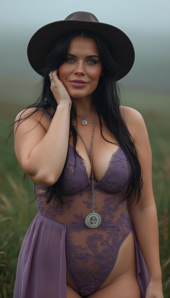 Mature voluptuous Irish woman with raven black straight hair and sea-green eyes, wearing purple lingerie in a misty countryside during morning.