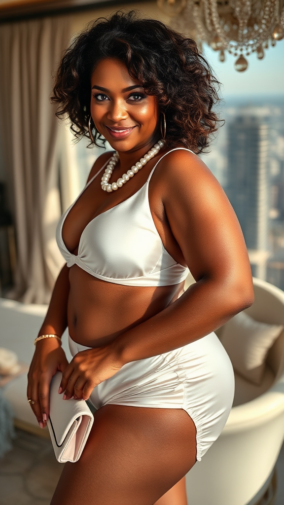 Photorealistic image of a mature, voluptuous woman with African-American and Italian heritage, chestnut brown curly hair, violet eyes, wearing white silk lingerie and a pearl necklace, standing with an intense focused gaze in a penthouse suite at noon, captured with HDR photography.