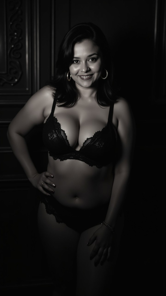 Monochrome, ultra-realistic photo of a mature, voluptuous Indian woman with medium-length black hair in lingerie at midnight