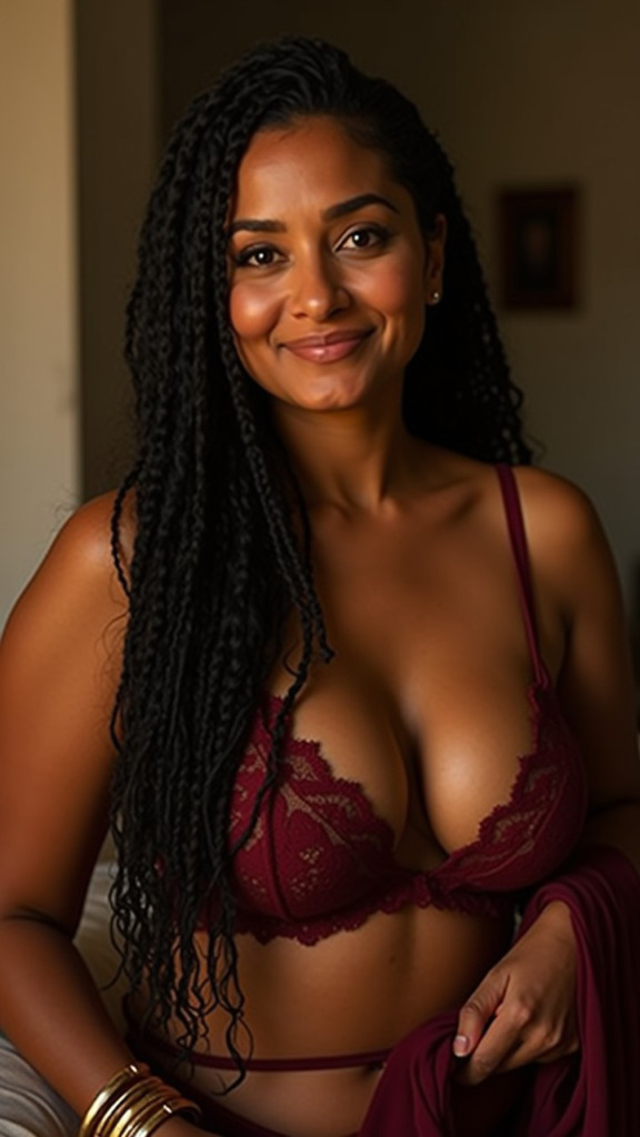 Soft light, ultra-realistic photo of a mature, voluptuous Moroccan woman with braided black hair in lingerie in a cozy room